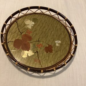 Vintage Japanese Lacquer Serving Tray Hand Painted Floral Woven Rattan MCM Decor